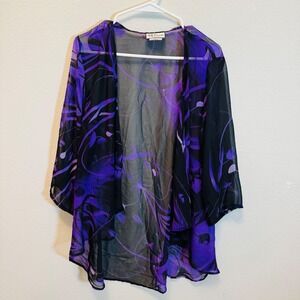 All Hours Purple Black Floral Sheer‎ Kimono Cardigan Cover Up Women's Large